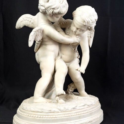 Grande terre cuite patinée d&rsquo;après EM Falconet • Deux amours se disputant un cœur, 19e Siècle
