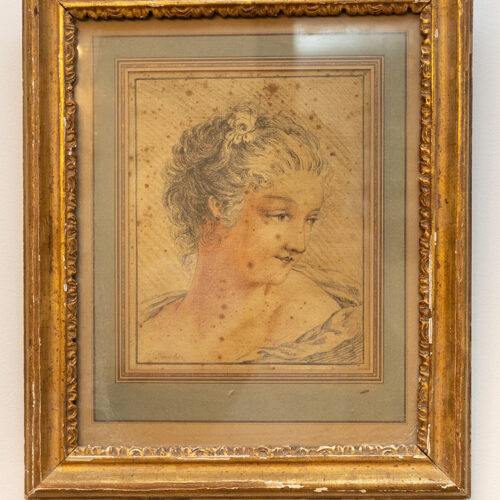 Portrait féminin de style rococo – Dessin ancien encadré, XVIIIᵉ/XIXᵉ siècle