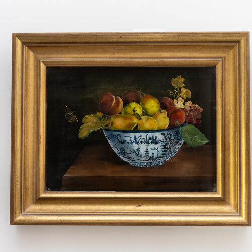 Nature morte aux pêches et poires dans une coupe chinoise – Huile sur toile, XXᵉ siècle